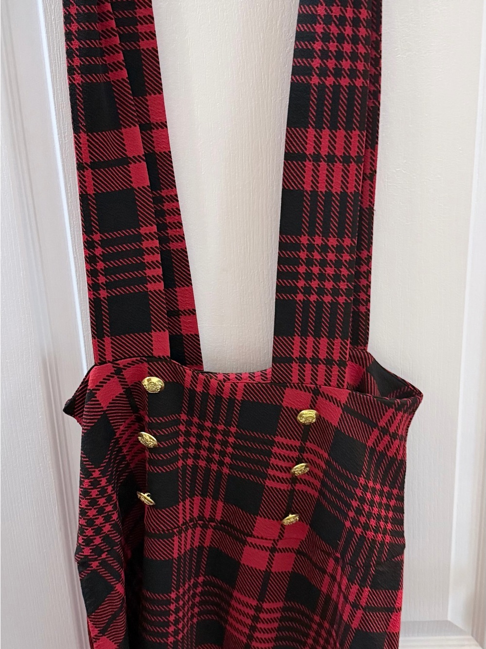 Red and Black Plaid Teen jumper mini dress with Gold Accent Buttons